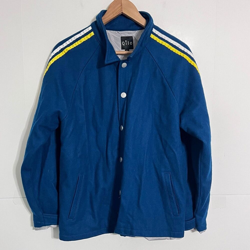 Qilo Mens Varsity Jacket Size L Blue Striped Wool Long Sleeve Button Up
